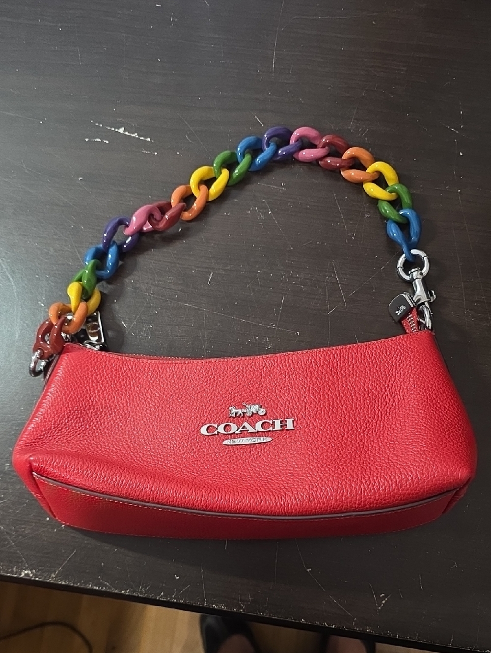 Coach Red Shoulder Bag with Rainbow Chain Strap